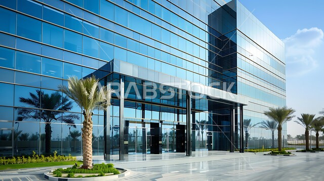 Architectural engineering art in the modern style of towers and skyscrapers in the Kingdom of Saudi Arabia, a modern tower with huge glass facades, interest in growing green plants, luxury commercial facilities in the daytime, urban growth and progress