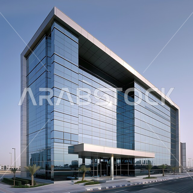 Architectural engineering art in the modern style of towers and skyscrapers in the Kingdom of Saudi Arabia, a modern tower with huge glass facades, interest in growing green plants, luxury commercial facilities in the daytime, urban growth and progress