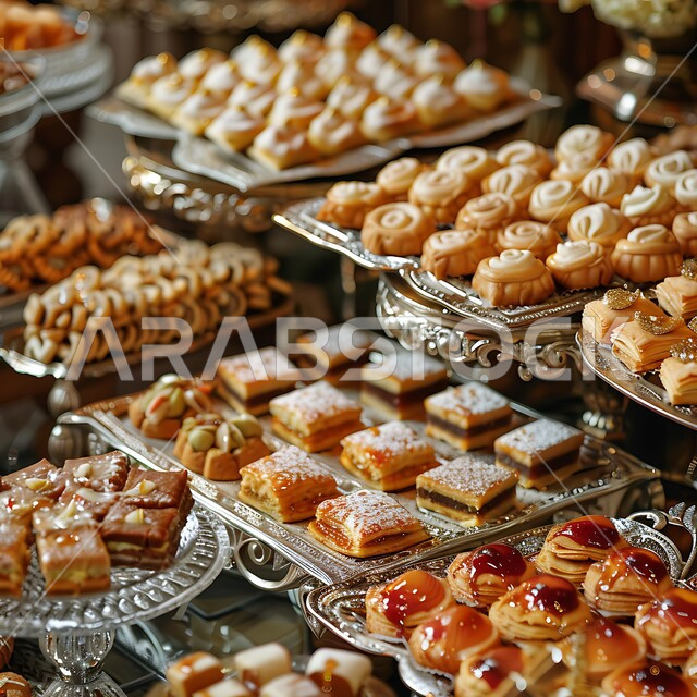 سفرة مليئة باطباق من الحلويات اللذيذة بالفستق والمكسرات، كرم الضيافة في السعودية، وصفات الأطعمة العربية الشرقية، أكلات غنية بالسكريات والسعرات الحرارية، ضيافة الأعياد والمناسبات في المملكة، منتجات محلية وطنية