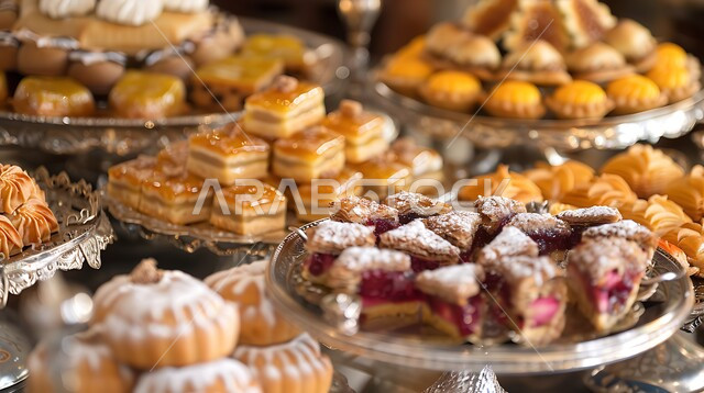 سفرة مليئة باطباق من الحلويات اللذيذة بالفستق والمكسرات، كرم الضيافة في السعودية، وصفات الأطعمة العربية الشرقية، أكلات غنية بالسكريات والسعرات الحرارية، ضيافة الأعياد والمناسبات في المملكة، منتجات محلية وطنية