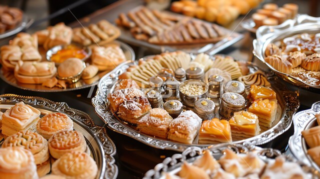 سفرة مليئة باطباق من الحلويات اللذيذة بالفستق والمكسرات، كرم الضيافة في السعودية، وصفات الأطعمة العربية الشرقية، أكلات غنية بالسكريات والسعرات الحرارية، ضيافة الأعياد والمناسبات في المملكة، منتجات محلية وطنية