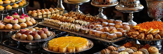 سفرة مليئة باطباق من الحلويات اللذيذة بالفستق والمكسرات، كرم الضيافة في السعودية، وصفات الأطعمة العربية الشرقية، أكلات غنية بالسكريات والسعرات الحرارية، ضيافة الأعياد والمناسبات في المملكة، منتجات محلية وطنية