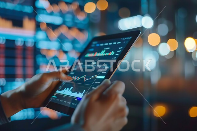 دمج التقنية والتكنولوجيا بالعمل، صورة مقربة لايدي رجل عربي سعودي خليجي يمسك جهاز التابلت المحمول يقوم بمتابعة صعود وهبوط البورصة المالية، رسوم هولوجرامية ثلاثية الأبعاد، مفهوم الاستثمار والتطور الاقتصادي