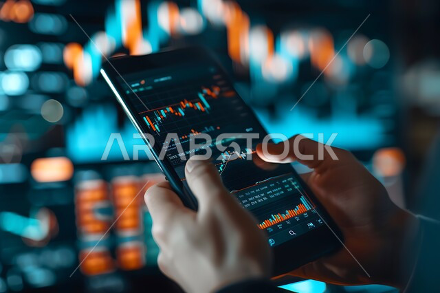 Integrating technology and technology into work, a close-up image of the hands of a Saudi Gulf Arab man holding a portable tablet device, monitoring the rise and fall of the financial stock market, three-dimensional holograms, the concept of investment and economic development