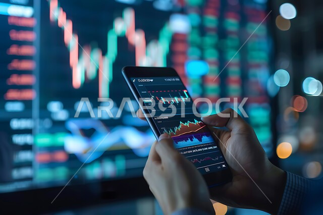 دمج التقنية والتكنولوجيا بالعمل، صورة مقربة لايدي رجل عربي سعودي خليجي يمسك جهاز التابلت المحمول يقوم بمتابعة صعود وهبوط البورصة المالية، رسوم هولوجرامية ثلاثية الأبعاد، مفهوم الاستثمار والتطور الاقتصادي