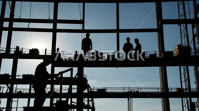 مفهوم العمل الجماعي، التقدم والتطور العمراني في المملكة، التعاون في أداء المهام، صورة ظلية لمجموعة من العمال والممهندسين العرب الخليجيين السعوديين يرتدون بدلة وخوذة الحماية يعملون في موقع البناء، الانشاءات المعمارية والهندسية