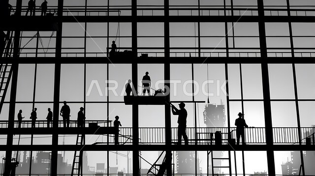Architectural and engineering constructions, the concept of teamwork, urban progress and development in the Kingdom, cooperation in performing tasks, silhouette of a group of Saudi Arabian Gulf workers and engineers wearing protective suits and helmets working on a construction site