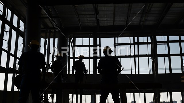 Construction of foundations and structures for residential projects and factories, construction of buildings and mega projects, concept of teamwork, construction, contracting and real estate development works, silhouette of a group of Saudi Arabian Gulf workers and engineers working on a construction site