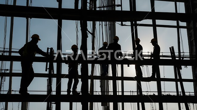 The concept of teamwork, progress and urban development in the Kingdom, cooperation in performing tasks, silhouette of a group of Saudi Arabian Gulf workers and engineers wearing protective suits and helmets working on a construction site, architectural and engineering constructions