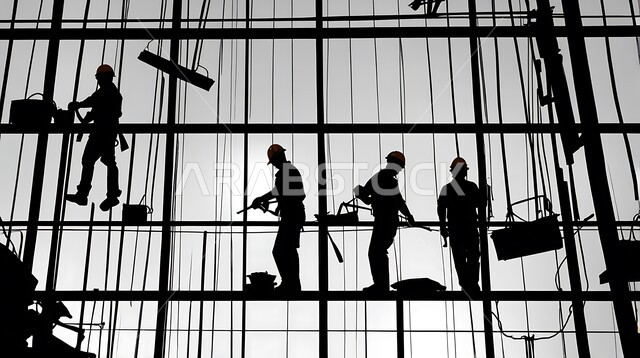 تشييد المباني والمشاريع الضخمة، إنشاء الأساسات والهياكل للمشروعات السكنية والمصانع، مفهوم العمل الجماعي، أعمال البناء والمقاولات والتطوير العقاري، صورة ظلية لمجموعة من العمال والمهندسين العرب الخليجيين السعوديين يعملون في موقع البناء