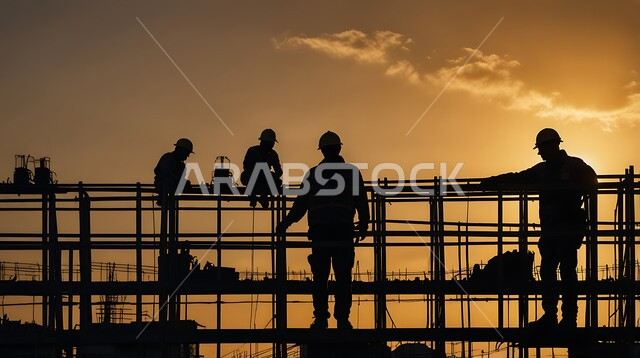 إنشاء الأساسات والهياكل للمشروعات السكنية والمصانع، تشييد المباني والمشاريع الضخمة، مفهوم العمل الجماعي، أعمال البناء والمقاولات والتطوير العقاري، صورة ظلية لمجموعة من العمال والمهندسين العرب الخليجيين السعوديين يعملون في موقع البناء