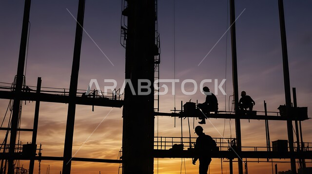 The concept of teamwork, progress and urban development in the Kingdom, cooperation in performing tasks, silhouette of a group of Saudi Arabian Gulf workers and engineers wearing protective suits and helmets working on a construction site, architectural and engineering constructions