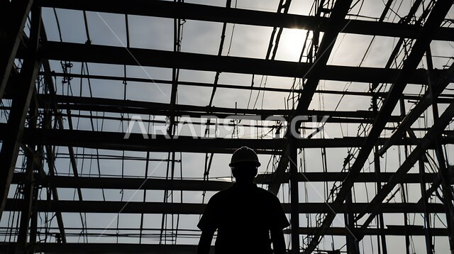 Engineering professions and jobs, auditing and supervising the work plan, silhouette of a Saudi Arabian Gulf engineer wearing a protective jacket and helmet standing on a construction site, concept of architectural and engineering constructions, progress and urban development in the Kingdom of Saudi Arabia
