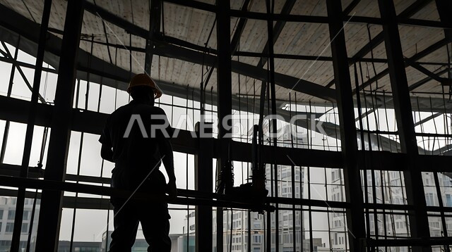 Construction of buildings and mega projects, construction, contracting and real estate development works, establishment of foundations and structures for residential projects and factories, engineering professions and jobs, auditing and supervising the progress of the work plan, silhouette of an Arab Gulf Saudi engineer wearing a protective jacket and helmet standing at a construction site