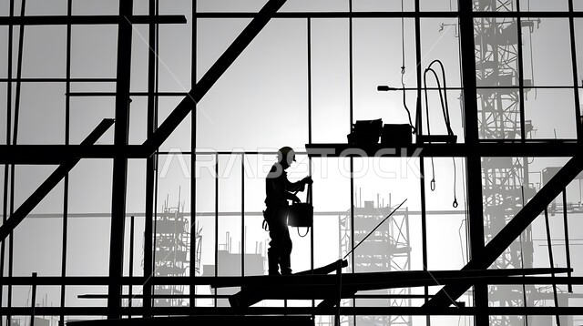 Construction of foundations and structures for residential projects and factories, construction of buildings and mega projects, construction, contracting and real estate development works, engineering professions and jobs, silhouette of a Saudi Arabian Gulf worker working on a construction site