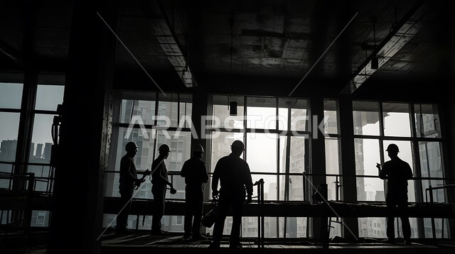 إنشاء الأساسات والهياكل للمشروعات السكنية والمصانع، تشييد المباني والمشاريع الضخمة، مفهوم العمل الجماعي، أعمال البناء والمقاولات والتطوير العقاري، صورة ظلية لمجموعة من العمال والمهندسين العرب الخليجيين السعوديين يعملون في موقع البناء