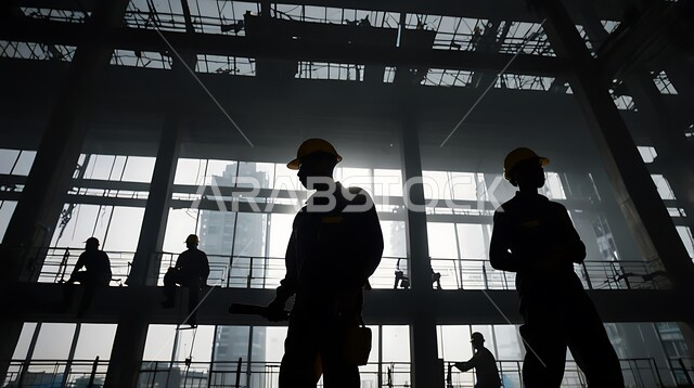 تشييد المباني والمشاريع الضخمة، إنشاء الأساسات والهياكل للمشروعات السكنية والمصانع، مفهوم العمل الجماعي، أعمال البناء والمقاولات والتطوير العقاري، صورة ظلية لمجموعة من العمال والمهندسين العرب الخليجيين السعوديين يعملون في موقع البناء