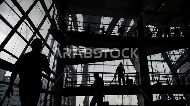 التقدم والتطور العمراني في المملكة، مفهوم العمل الجماعي والتعاون في أداء المهام، التدقيق والاشراف على سير الخطة، صورة ظلية لمجموعة من العمال والممهندسين العرب الخليجيين السعوديين يرتدون بدلة وخوذة الحماية يعملون في موقع البناء، الانشاءات المعمارية والهندسية