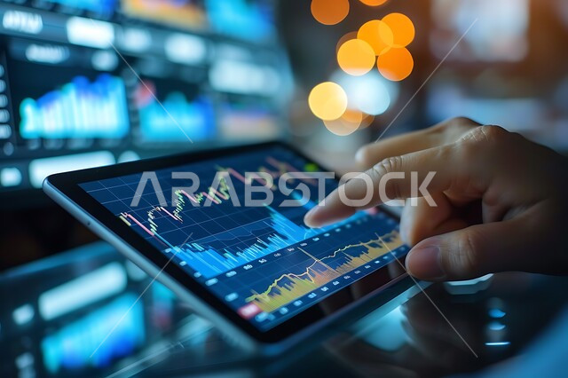 مفهوم الاستثمار والتطور الاقتصادي، دمج التقنية والتكنولوجيا بالعمل، صورة مقربة لايدي رجل عربي سعودي خليجي يستخدم جهاز التابلت المحمول يقوم بمتابعة صعود وهبوط البورصة المالية، رسوم هولوجرامية ثلاثية الأبعاد
