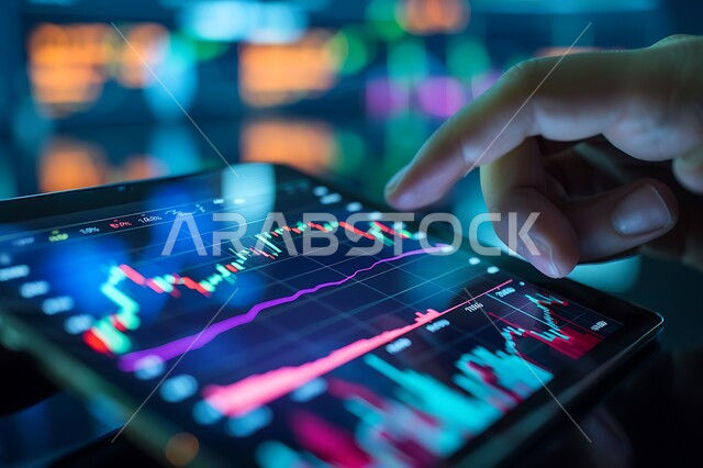 مفهوم الاستثمار والتطور الاقتصادي، دمج التقنية والتكنولوجيا بالعمل، صورة مقربة لايدي رجل عربي سعودي خليجي يستخدم جهاز التابلت المحمول يقوم بمتابعة صعود وهبوط البورصة المالية، رسوم هولوجرامية ثلاثية الأبعاد