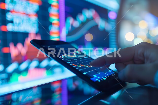 مفهوم الاستثمار والتطور الاقتصادي، دمج التقنية والتكنولوجيا بالعمل، صورة مقربة لايدي رجل عربي سعودي خليجي يستخدم جهاز التابلت المحمول يقوم بمتابعة صعود وهبوط البورصة المالية، رسوم هولوجرامية ثلاثية الأبعاد