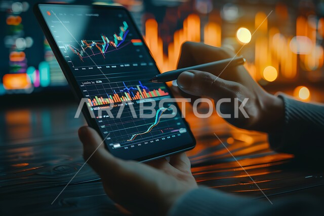 مفهوم الاستثمار والتطور الاقتصادي، دمج التقنية والتكنولوجيا بالعمل، صورة مقربة لايدي رجل عربي سعودي خليجي يستخدم جهاز التابلت المحمول يقوم بمتابعة صعود وهبوط البورصة المالية، رسوم هولوجرامية ثلاثية الأبعاد