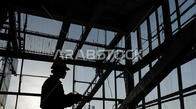 Establishing foundations and structures for residential projects and factories, constructing buildings and mega projects, construction, contracting and real estate development works, engineering professions and jobs, silhouette of a Saudi Arabian Gulf engineer working on a construction site, supervising the progress of the work plan