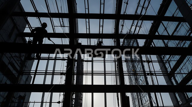 Construction of buildings and mega projects, construction, contracting and real estate development works, foundations and structures for residential projects and factories, silhouette of a Saudi Arabian Gulf worker working on a construction site