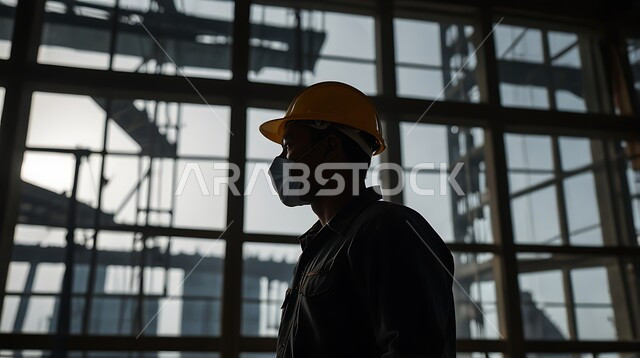 أعمال البناء والمقاولات والتطوير العقاري، إنشاء الأساسات والهياكل للمشروعات السكنية والمصانع، تشييد المباني والمشاريع الضخمة، مهن ووظائف هندسية، صورة ظلية لمهندس عربي خليجي سعودي يعمل في موقع البناء، الإشراف على سير خطة العمل