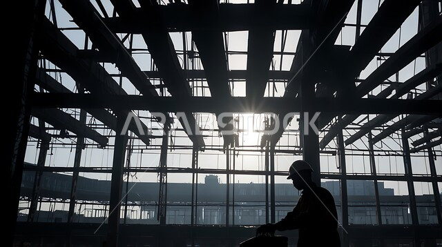 مهن ووظائف هندسية، أعمال البناء والمقاولات والتطوير العقاري، إنشاء الأساسات والهياكل للمشروعات السكنية والمصانع، تشييد المباني والمشاريع الضخمة، صورة ظلية لمهندس عربي خليجي سعودي يعمل في موقع البناء، الإشراف على سير خطة العمل