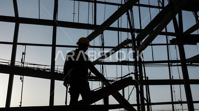Construction of buildings and mega projects, construction, contracting and real estate development works, foundations and structures for residential projects and factories, silhouette of a Saudi Arabian Gulf worker working on a construction site