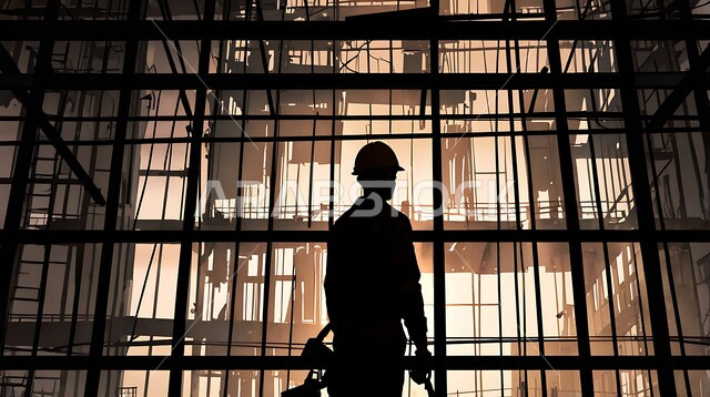 Establishing foundations and structures for residential projects and factories, constructing buildings and mega projects, construction, contracting and real estate development works, engineering professions and jobs, silhouette of a Saudi Arabian Gulf engineer working on a construction site, supervising the progress of the work plan