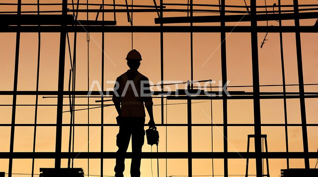 أعمال البناء والمقاولات والتطوير العقاري، إنشاء الأساسات والهياكل للمشروعات السكنية والمصانع، تشييد المباني والمشاريع الضخمة، مهن ووظائف هندسية، صورة ظلية لمهندس عربي خليجي سعودي يعمل في موقع البناء، الإشراف على سير خطة العمل