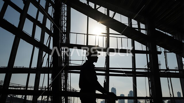 إنشاء الأساسات والهياكل للمشروعات السكنية والمصانع، تشييد المباني والمشاريع الضخمة، أعمال البناء والمقاولات والتطوير العقاري، مهن ووظائف هندسية، صورة ظلية لمهندس عربي خليجي سعودي يعمل في موقع البناء، الإشراف على سير خطة العمل