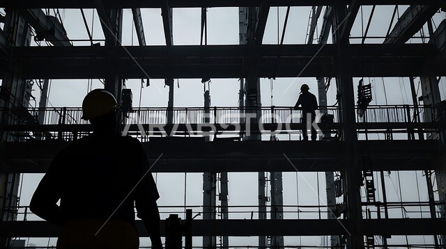 Cooperation in performing tasks, concept of teamwork, construction of buildings and mega projects, construction, contracting and real estate development works, construction of foundations and structures for residential projects and factories, silhouette of Saudi Arabian Gulf workers working on a construction site