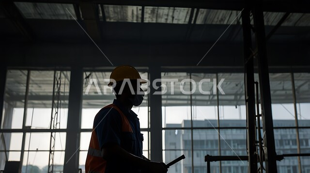 أعمال البناء والمقاولات والتطوير العقاري، إنشاء الأساسات والهياكل للمشروعات السكنية والمصانع، تشييد المباني والمشاريع الضخمة، مهن ووظائف هندسية، صورة ظلية لمهندس عربي خليجي سعودي يعمل في موقع البناء، الإشراف على سير خطة العمل