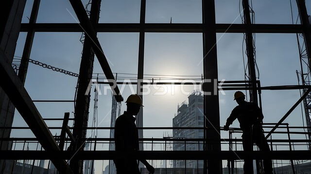 مفهوم العمل الجماعي والتعاون في أداء المهام، تشييد المباني والمشاريع الضخمة، أعمال البناء والمقاولات والتطوير العقاري، إنشاء الأساسات والهياكل للمشروعات السكنية والمصانع، صورة ظلية لعمال عرب خليجيين سعوديين يعملون في موقع البناء