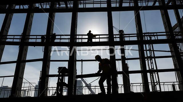 التعاون في أداء المهام، مفهوم العمل الجماعي، تشييد المباني والمشاريع الضخمة، أعمال البناء والمقاولات والتطوير العقاري، إنشاء الأساسات والهياكل للمشروعات السكنية والمصانع، صورة ظلية لمجموعة من العمال العرب الخليجيين السعوديين يعملون في موقع البناء