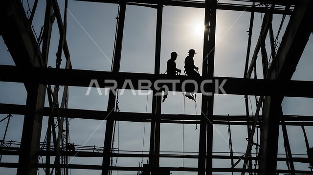 مفهوم العمل الجماعي والتعاون في أداء المهام، تشييد المباني والمشاريع الضخمة، أعمال البناء والمقاولات والتطوير العقاري، إنشاء الأساسات والهياكل للمشروعات السكنية والمصانع، صورة ظلية لعمال عرب خليجيين سعوديين يعملون في موقع البناء
