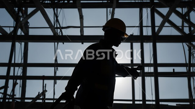 مهن ووظائف هندسية، أعمال البناء والمقاولات والتطوير العقاري، إنشاء الأساسات والهياكل للمشروعات السكنية والمصانع، تشييد المباني والمشاريع الضخمة، صورة ظلية لمهندس عربي خليجي سعودي يعمل في موقع البناء، الإشراف على سير خطة العمل