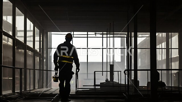 تشييد المباني والمشاريع الضخمة، أعمال البناء والمقاولات والتطوير العقاري، إنشاء الأساسات والهياكل للمشروعات السكنية والمصانع، صورة ظلية لعامل عربي خليجي سعودي يعمل في موقع البناء