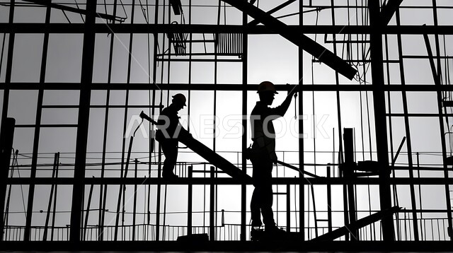 مفهوم العمل الجماعي والتعاون في أداء المهام، تشييد المباني والمشاريع الضخمة، أعمال البناء والمقاولات والتطوير العقاري، إنشاء الأساسات والهياكل للمشروعات السكنية والمصانع، صورة ظلية لعمال عرب خليجيين سعوديين يعملون في موقع البناء