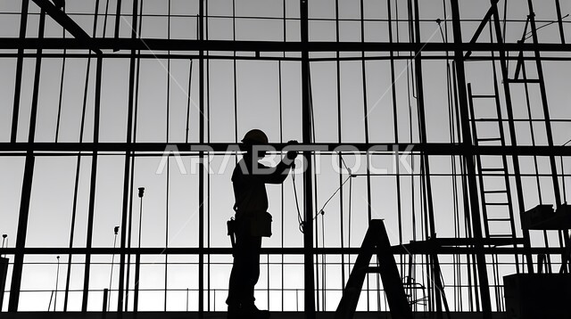 تشييد المباني والمشاريع الضخمة، أعمال البناء والمقاولات والتطوير العقاري، إنشاء الأساسات والهياكل للمشروعات السكنية والمصانع، صورة ظلية لعامل عربي خليجي سعودي يعمل في موقع البناء