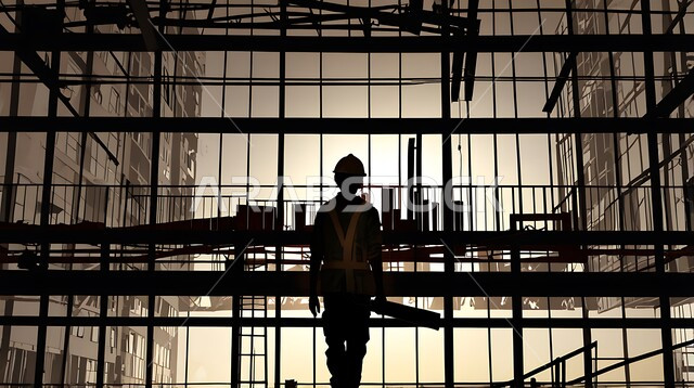 Construction, contracting and real estate development works, establishing foundations and structures for residential projects and factories, constructing buildings and large projects, engineering professions and jobs, silhouette of a Saudi Arabian Gulf engineer working on a construction site, supervising the progress of the work plan
