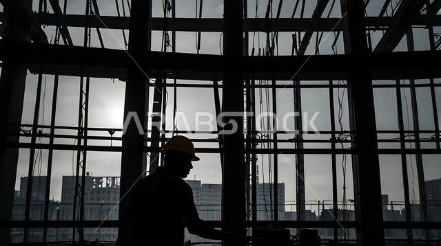 إنشاء الأساسات والهياكل للمشروعات السكنية والمصانع، تشييد المباني والمشاريع الضخمة، أعمال البناء والمقاولات والتطوير العقاري، مهن ووظائف هندسية، صورة ظلية لمهندس عربي خليجي سعودي يعمل في موقع البناء، الإشراف على سير خطة العمل