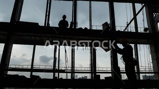 مفهوم العمل الجماعي والتعاون في أداء المهام، تشييد المباني والمشاريع الضخمة، أعمال البناء والمقاولات والتطوير العقاري، إنشاء الأساسات والهياكل للمشروعات السكنية والمصانع، صورة ظلية لعمال عرب خليجيين سعوديين يعملون في موقع البناء