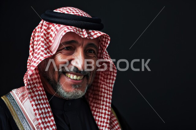 مفهوم الرجولة والأناقه، الاهتمام بالمظهر الخارجي، بورتريه مقرب لرجل عربي خليجي سعودي مبتسم يرتدي الشماغ والثوب التقليدي ينظر إلى شيء ما بإيماءات السرور والفرح، خلفية سوداء