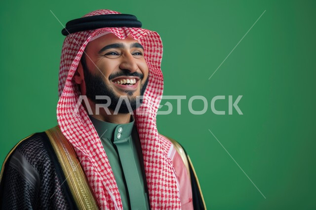 مفهوم الرجولة والأناقه، الاهتمام بالمظهر الخارجي، بورتريه مقرب لرجل عربي خليجي سعودي مبتسم يرتدي الشماغ والثوب التقليدي ينظر إلى شيء ما بإيماءات السرور والفرح، خلفية خضراء