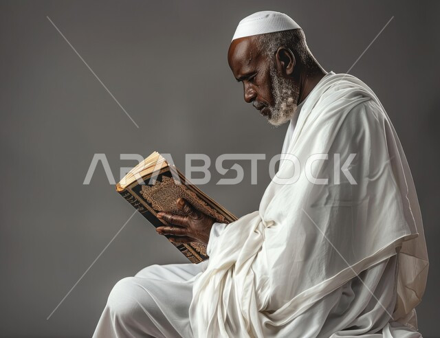 تلاوة الآيات والتقرب الى الله، حفظ وتفسير القرآن الكريم، بورتريه مقرب لرجل كبير السن عربي خليجي سعودي يرتدي ملابس الاحرام يحمل بيده مصحف صغير، آداء مناسك الحج والعمرة، الركن الخامس من اركان الاسلام، خلفية رمادية