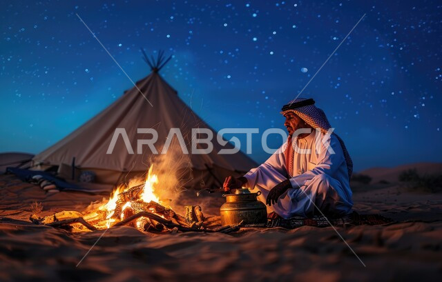 التخييم في صحاري المملكة العربية السعودية, مخيمات سياحية في المناطق البرية، كشتة و جلسة بر شبابية، رجل عربي خليجي سعودي يرتدي الشماغ والثوب التقليدي يجلس امام خيمة بدوية شعبية مضاءة بموقد نار من الحطب